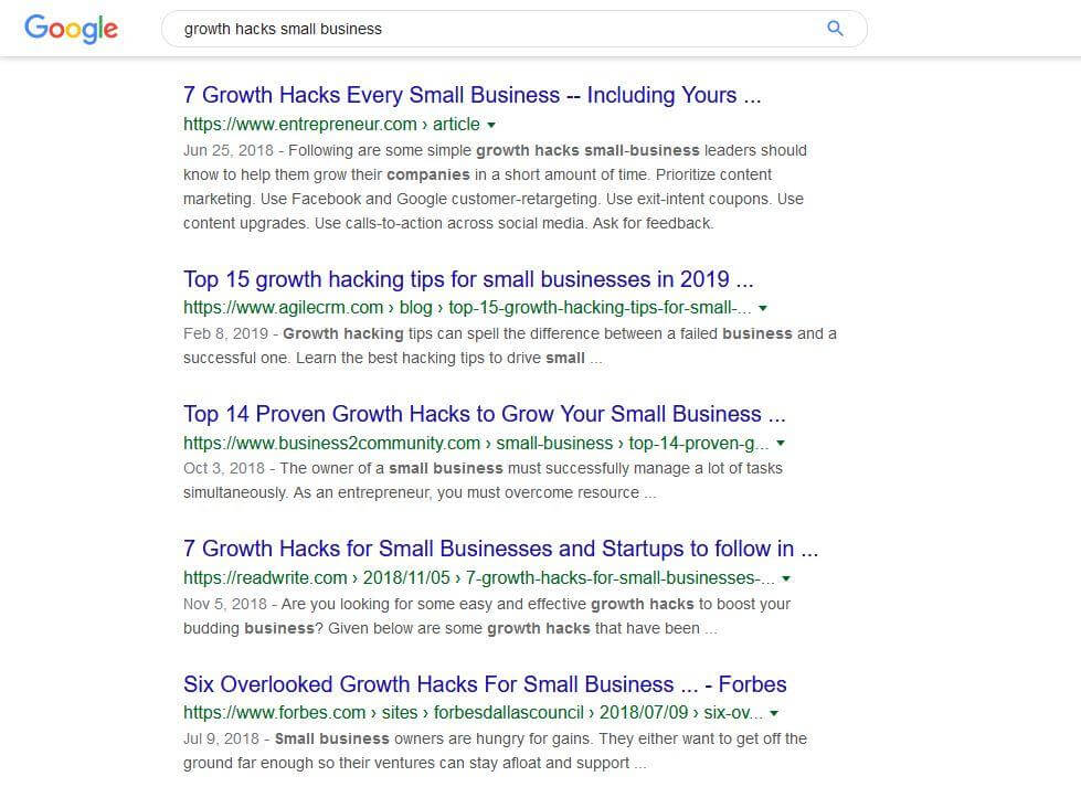 google search results page screenshot for growth hacks small business screenshot